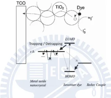 Figure  2.16  Interfacial  electron  transfer  via  dye,  TiO 2   particle,  and  TCO  electrode,  involving  a  trapping/detrapping process [103]