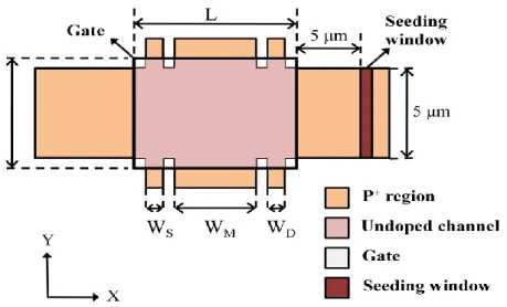 Figure 2-5.  Top view of HC-TFT device and the various dimension parameters are  displayed in table 2-1