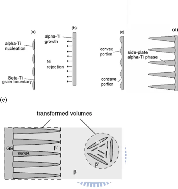 Fig. 4-9. (a)至(d)為 I. Rampin 等人所研究的α-Ti 生成機構(e)α-Ti 橫截面圖。 