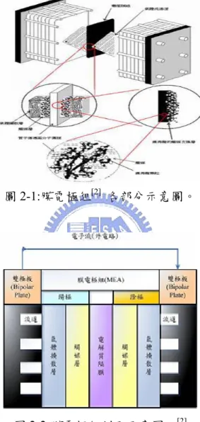 圖 2-1:膜電極組 [2]   各部分示意圖。  圖 2-2:膜電極組剖面示意圖。 [2]                   以質子交換膜燃料電池為例，主要的反應源自於膜電極組。基本上膜              電極組有五層結構，中央為傳導氫離子的高分子膜，目前由杜邦公司所生                產的氫離子質子交換膜作為固態電解質，為目前業界導電性最佳之產品。            質子交換膜兩側分別為陽極觸媒層和陰極觸媒層，接著最外層為分別為            陽極燃料氣體擴散層和陰極