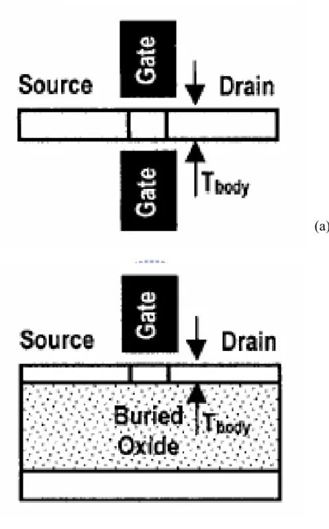 Fig. 1.2 (a)Double-Gate (DG), and (b) Ultra-Thin-Body (UTB) MOSFET  structure cross-sections