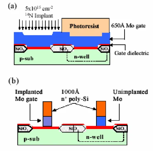 Fig. 2.4 Cross-sectional view of CMOS device during processing after Mo  deposition (a), and after gate etching (b)