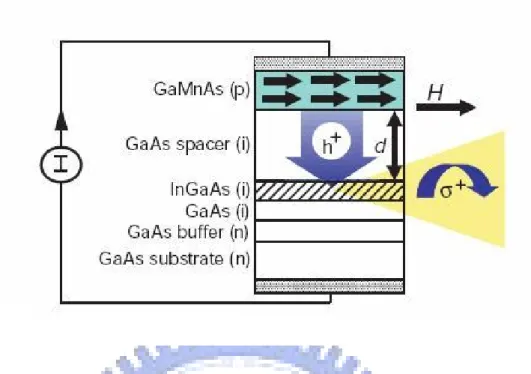 Fig. 2-3 Schematic diagram of electrical spin injection in an epitaxially grown  ferromagnetic semiconductor heterostructure, based on GaAs