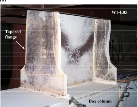 Figure 4.9  Plastic hinge formation followed by local buckling at 5% rad story drift  angle: (a) specimen W1-L05; (b) specimen W1-L03