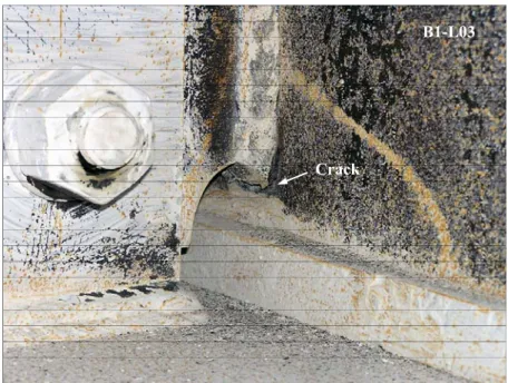 Figure 4.10  Slight cracking at root of weld access hole of specimen B1-L03 at 4% 