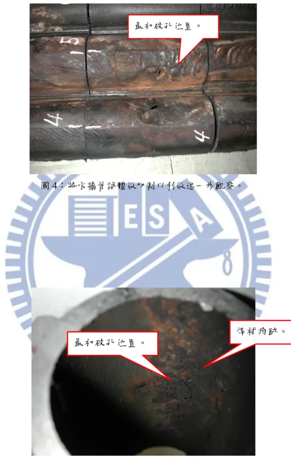 圖 4：將水牆管試體做切割以利做進一步觀察。  圖 5：最初之破孔位置剛好在焊補痕跡的一緣，該位置可能是起焊端 或是止焊端。  最初破孔位置 。 最初破孔位置。  焊補痕跡。 