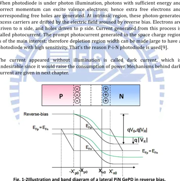 Fig.	 1‐2	 shows	 the	 illustration	 and	 the	 band	 diagram	 of	 a	 lateral	 P‐i‐N	 GePD	 in	 reverse	 bias.	 Green	 lines	 represent	 the	 conduction	 and	 valence	 band	 edge	 at	 equilibrium,	 and	 distance	 between	 ‐X p0 	 and	 X n0 	 represent	 the	