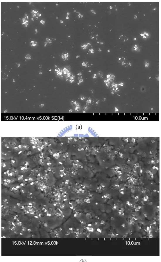 Fig. 3-1 The SEM photo of Ni-P-Diamond deposition surface                (a) case 1 (b) case 2 