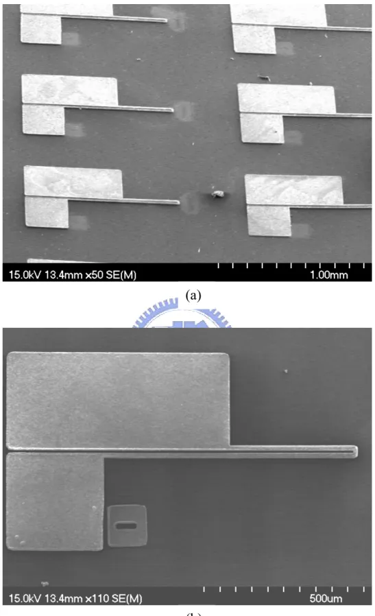 Fig. 3-2 (a) (b) The fabricated electrothermal microactuator. 