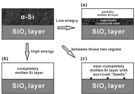 Fig. 1-2   Illustration of transformation scenarios during the ELA process. Correspond to (a)  partial melting, (b) completely melting and (c) near-completely melting of the initial Si  film