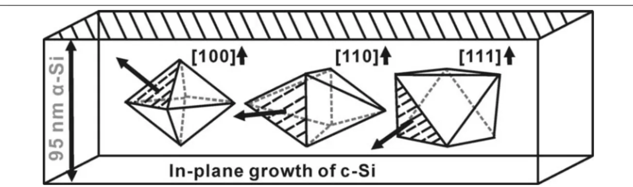 Fig. 1-7  Schematic representation of favorable precipitate orientations for long-range  growth of epitaxial Si within the plane of the α-Si