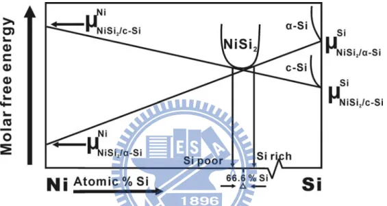 Fig. 1-8   Schematic equilibrium molar free-energy diagram for NiSi 2  in contact with α-Si 