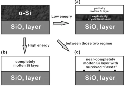 Fig.  1-3  Illustration of transformation scenarios during the ELA process. Correspond to (a)  partial  melting,  (b)  completely  melting  and  (c)  near-completely  melting  of  the 