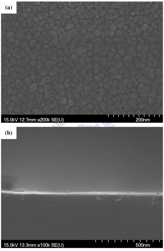Figure 3-1 SEM images of ZnO seeding layer on Si substrate (a) top view; 
