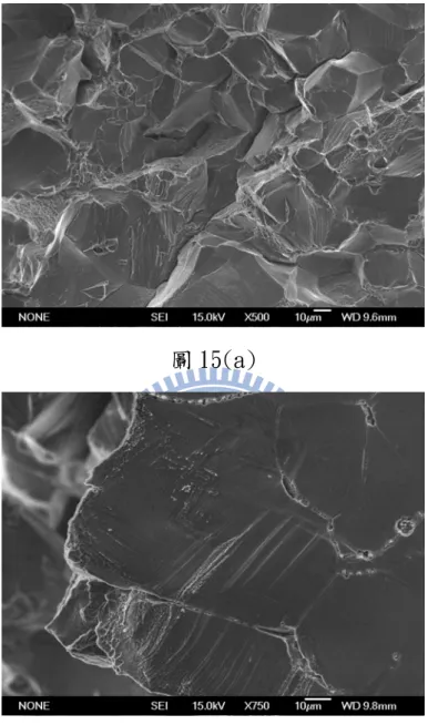 圖 15.合金經過 1200℃，2 小時固溶熱處理後淬火加上 550℃、6 小時時效熱處理後的 SEM 照片。(a)破斷面照片，(b)自由表面照片。 