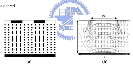Fig 1.6 (a) the structure with a unit pattern glass (b) the diretor  profile for anti-parallel alignment