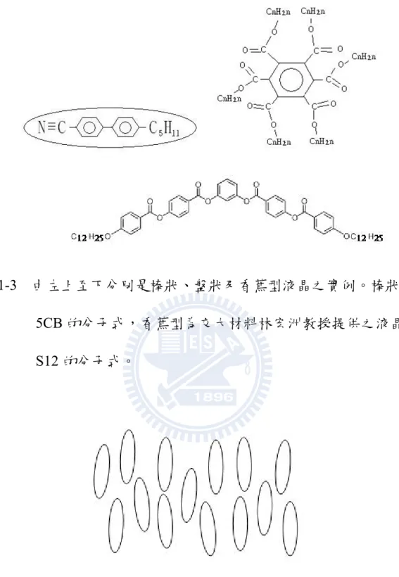 圖 1-4  向列型液晶示意圖。質心無秩序性，液晶長軸大致朝向同一 方向。 