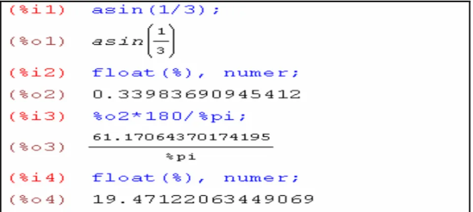 圖 4-2-5    Maxima  求反三角函數值  4.  求 ∑ 的值            例如要求 ∑ = +10+122 1kkk 的值，則先輸入 k 2 + k2 + 1 。然後點選 Calculus 中的      Calculate sum…  會出現圖 4-2-6 的對話盒，再依序輸入好每個空格中的值之後， 再按 ok 確認，則會計算出結果  (圖 4-2-7)。                    圖 4-2-6  輸入Σ的求值範圍                          