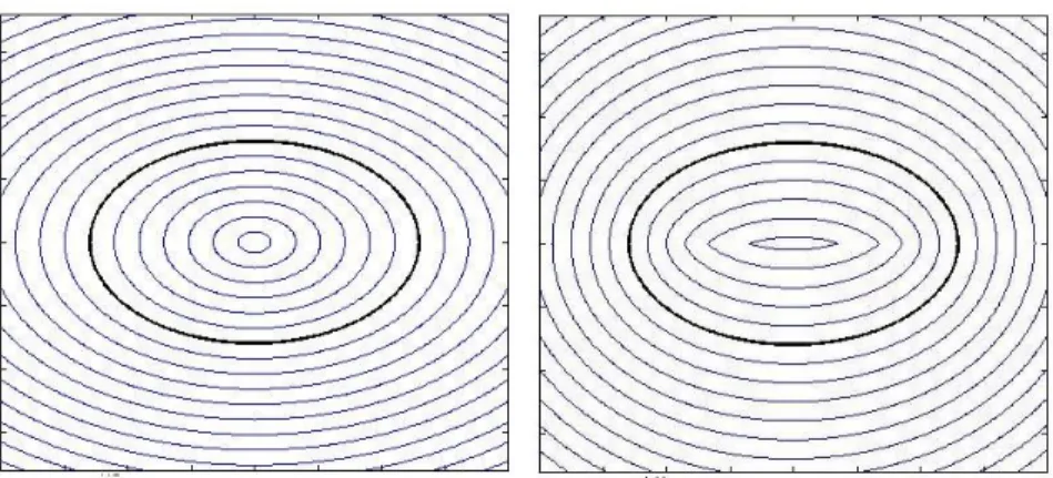 Figure 3: The left ﬁgure is the level set of the function ϕ 0 = (1.2) x 2 2 + (0.8) y 2 2 − 1 to represent an ellipse