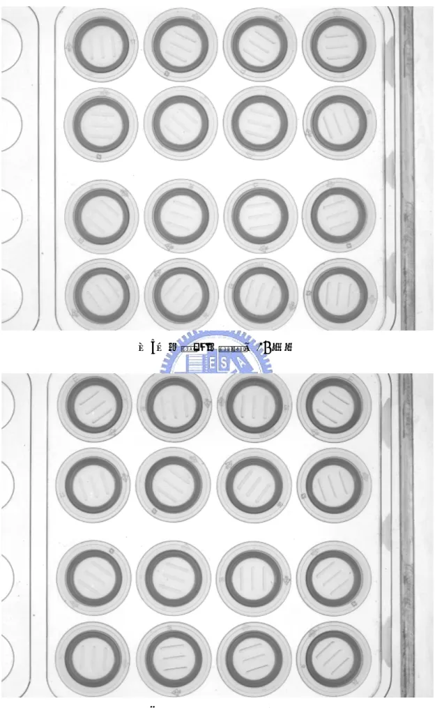 圖 3.14：透明托盤在不同光源工作距離的成像結果（右邊 16Cups, 4x4） 