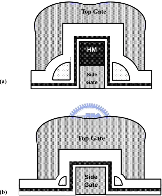 Fig. 2-2  Cross-sectional views of doublea-gated NW SONOS structures  with (a) and without (b) nitride capping