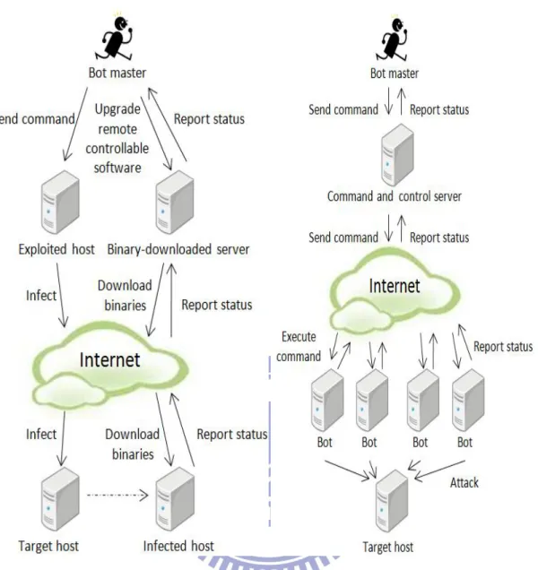 Figure 1. Botnet behaviors scenario: infection and attack phases [1].