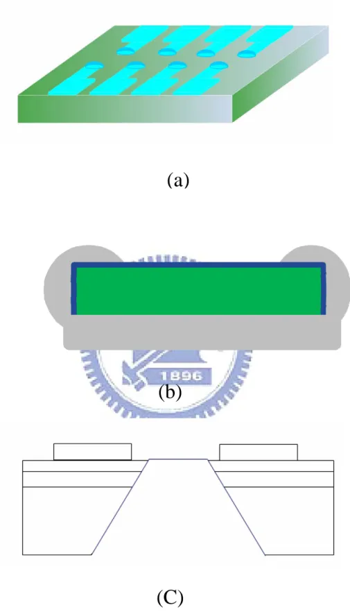 Fig. 3.4 (a)  晶方立體圖 (b)晶方包覆白蠟圖  (c)晶方經蝕刻後 