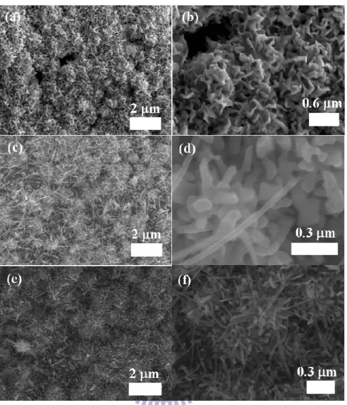 Figure  2.1  Low  and  high  magnification  SEM  images  of  Cu  nanostructures  growing  in  solution  of  different  CTAC  concentration