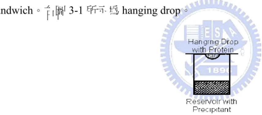 圖 3-1 C drop  (圖中 drop 的濃度)不能達到足以析出結晶的過飽和度。且 C 析出劑 in drop < C 析出劑 in  reservoir 。因蒸汽壓隨鹽類析出劑的濃度增加而降低，