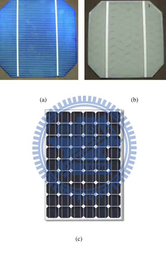 圖 1.1  太陽能電池的 (a)正面、(b)背面及(c)模組照片 