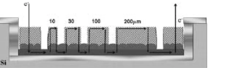 FIG. 2. Cross-sectional schematic of the solder stripe inside a Si trench. The solder layer and the IMC layer were about 1.3 and 0.8 ␮ m thick, respectively.