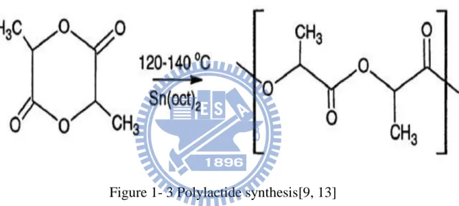 Figure 1- 3 Polylactide synthesis[9, 13] 
