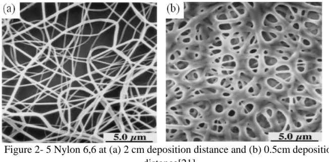 Figure 2- 5 Nylon 6,6 at (a) 2 cm deposition distance and (b) 0.5cm deposition  distance[21]