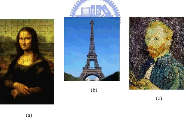Figure 2.14 Art images created by Hsu [20]. (a) A digital puzzle image. (b) A digital pointillistic image