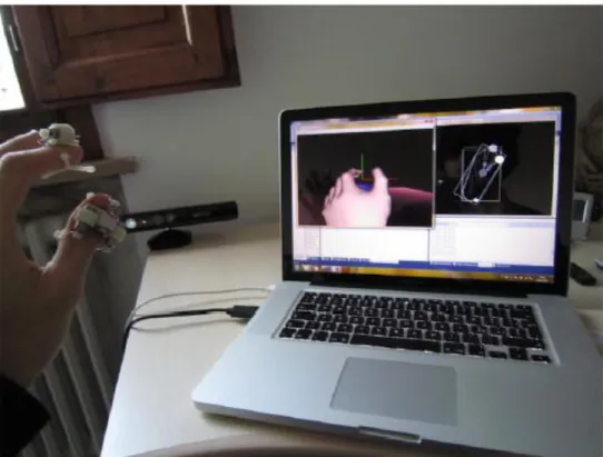 Fig. 2-5. The Kinect-based wearable haptics: Kinect is in front of the hand. On the screen the  rendered  scene  with  hand  avatar  (left)  and  the  main  point  of  the  tracking  algorithm  (right)  [18]