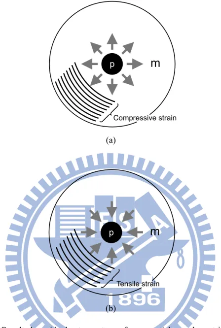 Figure 2.7 Resulted residual stress type from particle and matrix in Ni-based  nanocomposite: (a) compressive stress in Ni-diamond; (b) tensile stress in Ni-SiO 2 