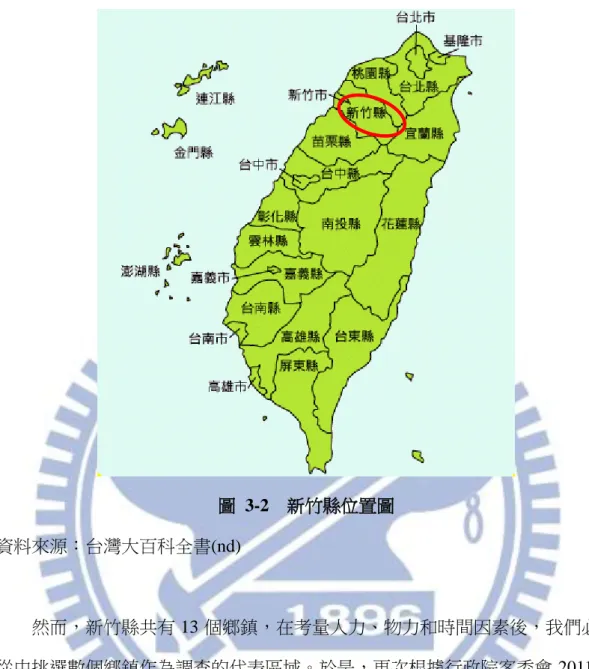 圖  3-2    新竹縣位置圖  資料來源：台灣大百科全書(nd)  然而，新竹縣共有 13 個鄉鎮，在考量人力、物力和時間因素後，我們必須 從中挑選數個鄉鎮作為調查的代表區域。於是，再次根據行政院客委會 2011 年 《全國客家人口基礎資料調查研究》 ，其中發現雖然新竹縣已是全台客家人口比 例最高的縣市，但其實在每一個鄉鎮之間，卻也有著極大不同的族群比例分配； 為了配合本研究進行跨群體比較的目的，因此我們選定了三個在客家籍人口比例 表現截然不同的鄉鎮作為本次的研究標的，包含客家人口約佔全鎮 75%屬於相