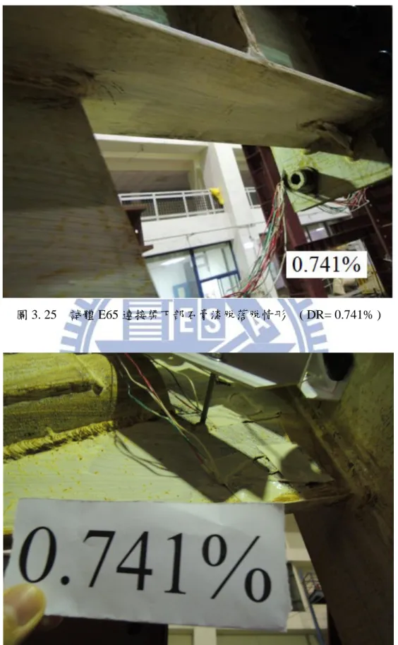 圖 3. 25    試體 E65 連接梁下部石膏漆脫落脫情形    ( DR= 0.741% ) 