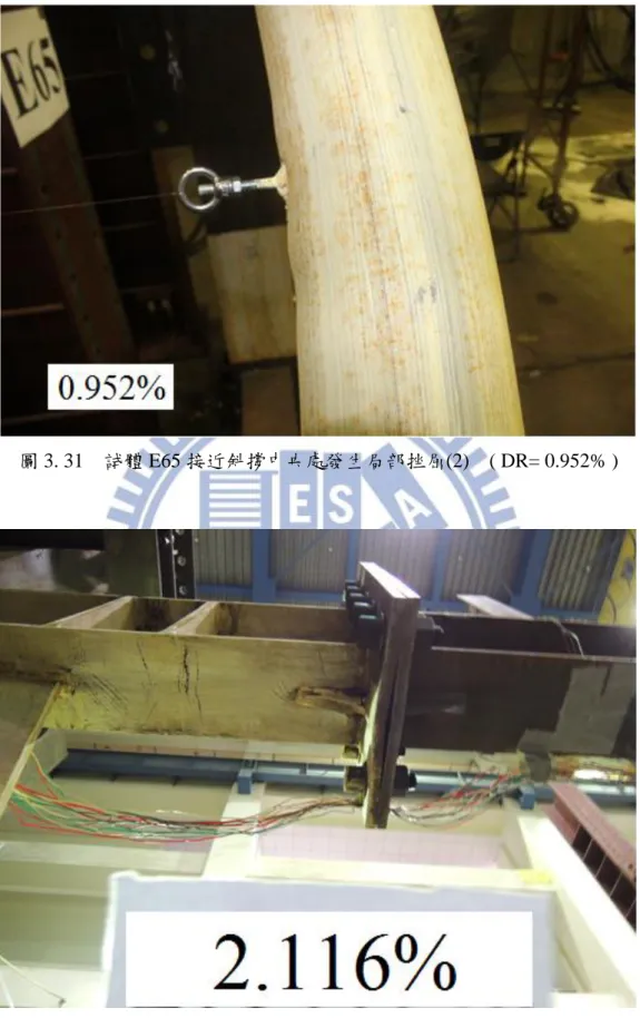 圖 3. 31    試體 E65 接近斜撐中央處發生局部挫屈(2)    ( DR= 0.952% ) 