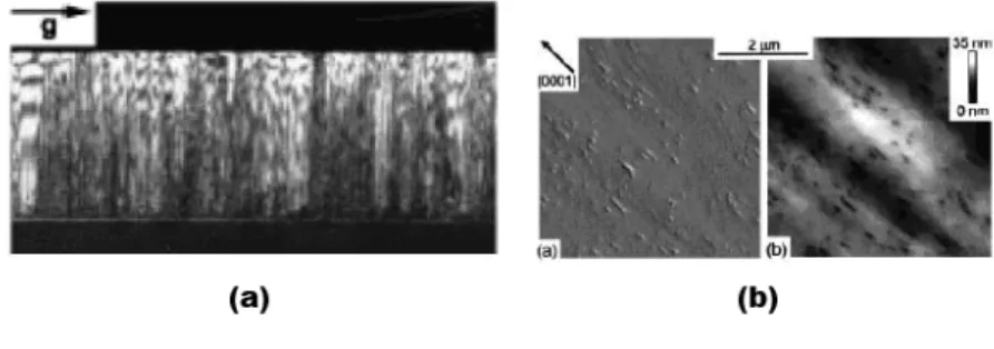 Fig. 1-3-2 Cross-section TEM of a-plane GaN grown on the r-plane sapphire substrate (a)  and AFM image (b) (Appl