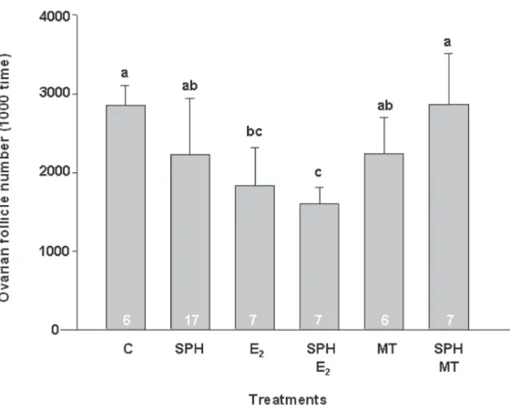 Fig. 3.  Effects of SPH and sexual steroids treatment on total number of ovarian follicle after long-term induction