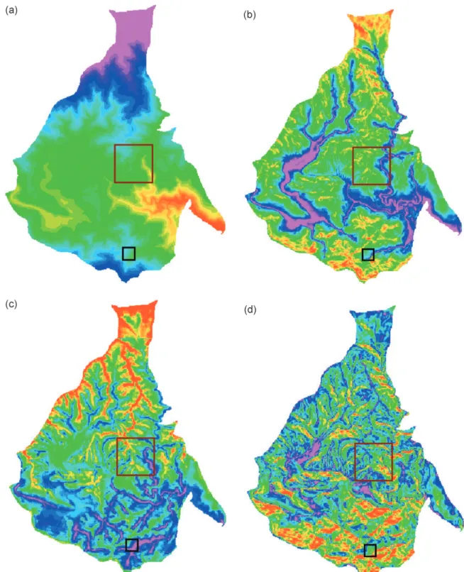Fig. 4. Maps of terrain, predicted DCA scores, and location of quadrats with highest beta diversity: a) location of the 49 ha and 4 ha quadrats with highest beta diversity mapped onto a digital elevation model (DEM); b) predicted DCA1 scores; c) predicted 