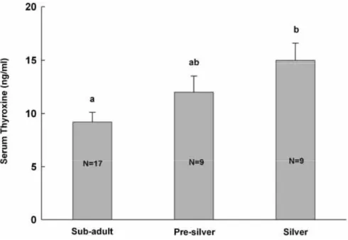Figure 7 Serum thyroxine levels at different ovarian stages of the wild female Japanese eels