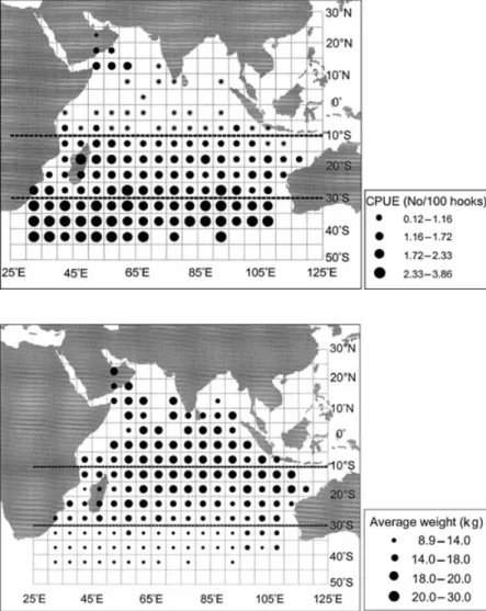 Figure 1. The distribution of Taiwanese albacore longline fishery CPUE in the Indian Ocean (mean value of 1979–85).