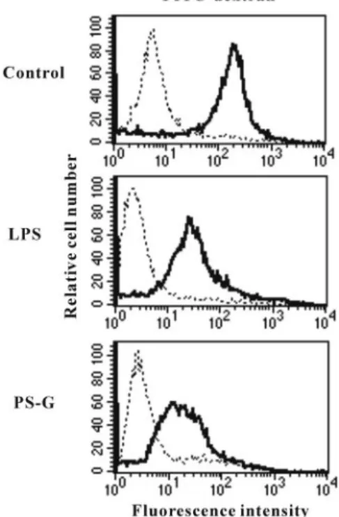 Fig. 3. PS-G on the endocytotic capacities of human DC. At day 6, immature DC were stimulated with medium alone, LPS (100 ng/ml), or PS-G (10 ␮g/ml) for 24 h, and cells were then incubated with FITC-dextran for 1 h at 4°C (dotted lines) or 37°C (solid line