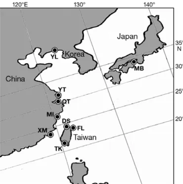 Fig. 1. Anguilla japonica. Locations where Japanese glass eels were collected in coastal waters of Taiwan, China, Korea and Japan