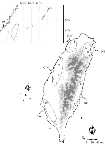Figure 1. Map indicating the location of the 19 mouse populations grouped into six geographic regions in our survey