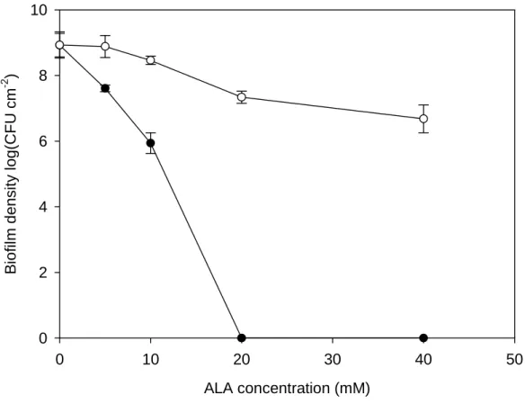 Figure 3. PACT on P. aeruginosa biofilms. After biofilms were treated with different  concentrations of δ-ALA for 1 h, exposure to 120 J cm -2  light dose (solid circle) caused  biofilm density decreasing which related to δ-ALA concentration
