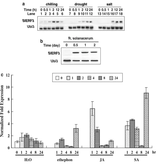 Fig. 2 Expression patterns of SlERF3 under biotic and abiotic stresses, and hormone
