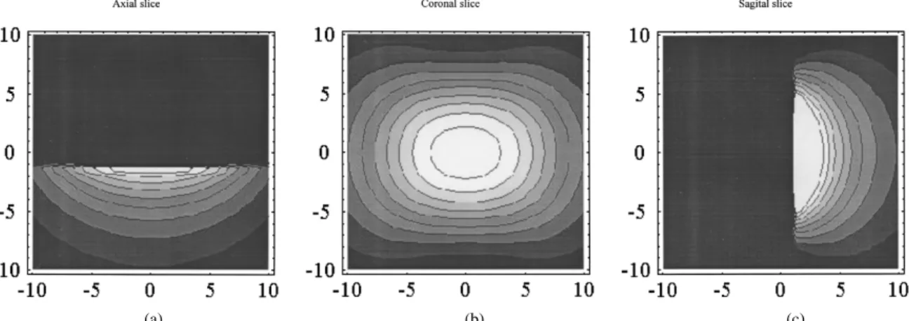 Fig. 4. Simulated phantom images of three directional slices. All images are normalized between zero and one